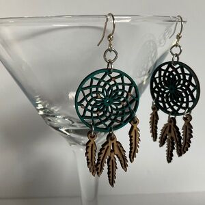 🧚 2/$15 Bohemian Dream Catcher Dangle Drop Round Earrings Wood Handmade Green